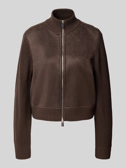 Produktfoto, braune Strickjacke mit Stehkragen und Zweiwege-Reißverschluss von COMMA, Baumwoll-Mix, strukturierte Oberfläche, Regular Fit