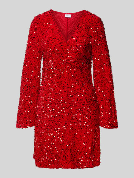 Produktfoto, Minikleid mit Pailletten Modell 'BARINA' von Vila, A-Linie, rot, V-Ausschnitt, lange Ärmel, strukturierte Oberfläche