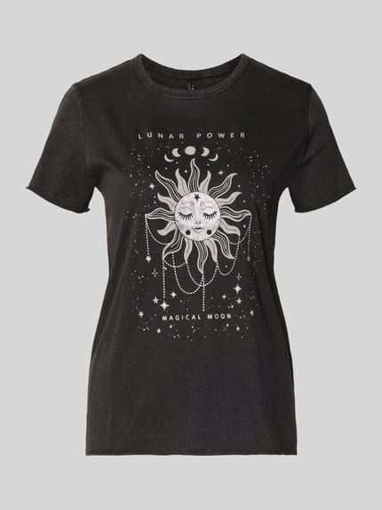 Produktfoto, Regular Fit T-shirt uit puur katoen Model 'LUCY' van ONLY, look: effen zwart met motiefprint, jerseystructuur