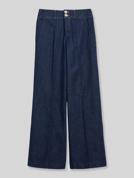 Produktfoto, Regular Fit Marlenehose aus Baumwoll-Mix von s.Oliver BLACK LABEL in Dunkelblau mit glatter Textur und weitem Schnitt.