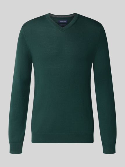 Productfoto, Strickpullover aus Woll-Mix mit V-Ausschnitt van Christian Berg Men, heren, wolmix, regular fit, v-hals, ribboorden, donkergroen