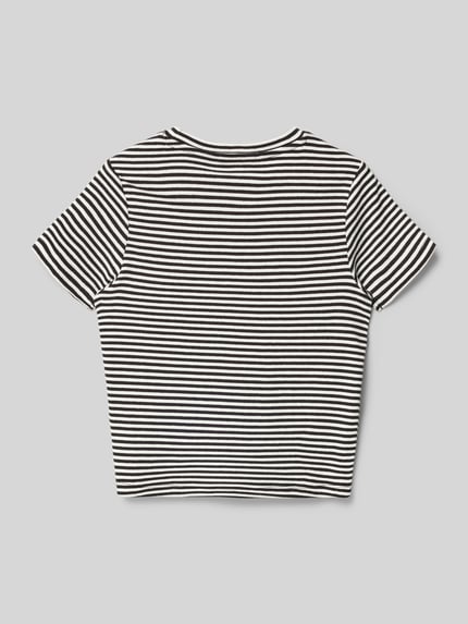 Productfoto, T-Shirt in Ripp-Optik mit Rundhalsausschnitt van Garcia in zwart-wit met fijne strepen, katoen-elastaan mix, regular fit, label detail, ruglengte maat 140: 41 cm