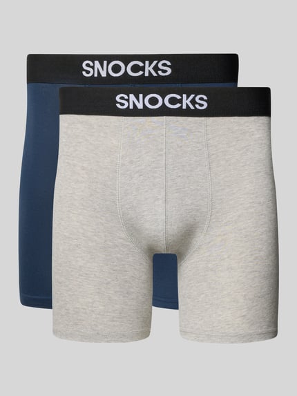 Produktfoto, Boxershorts mit elastischem Label-Bund von Snocks in Blau und Grau, aus Gewachste-Baumwolle-Mix mit Stretch-Anteil, eng anliegender Schnitt, Inside-Out-Nähte, glatte und weiche Textur