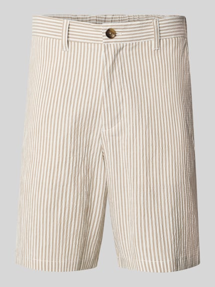 Produktfoto, Regular Fit Bermudas aus Baumwoll-Mix Modell 'KARL' von SELECTED HOMME, gestreift, Seersucker, beige-weiß, Allover-Muster.
