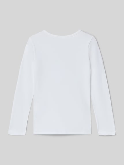 Produktfoto, weißes Regular Fit Langarmshirt aus Baumwoll-Mix von s.Oliver RED LABEL, unifarben mit Rundhals, Webware, ohne sichtbare Applikationen.