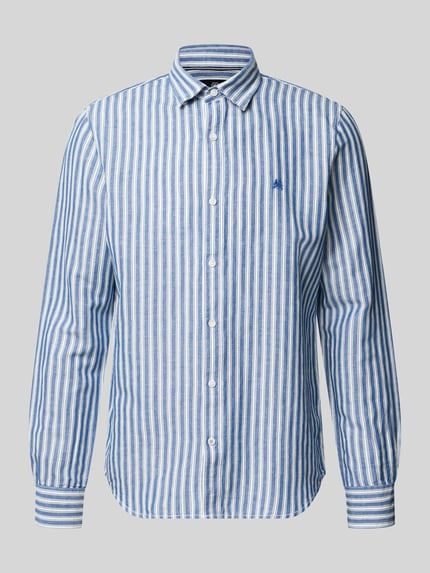 Produktfoto, Regular Fit Freizeithemd aus Leinen-Mix mit Kentkragen von Lerros, blau-weiß gestreift, Baumwoll-Leinen-Mix, Knopfleiste, Logo-Stitching, Sportmanschetten, Rückenlänge 75 cm, Schulterbreite 40 cm, Ärmellänge 68 cm.