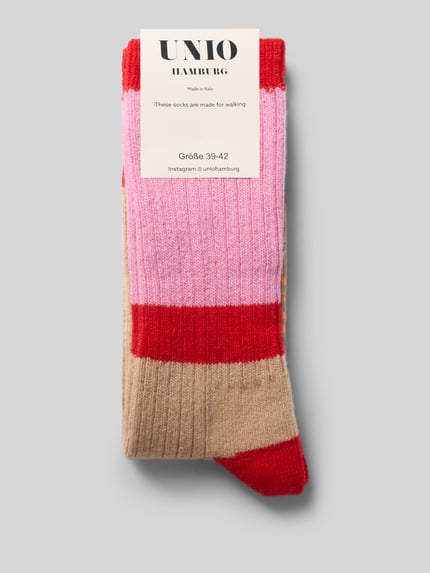 Produktfoto, Socken mit Baumwoll-Anteil von UNIO HAMBURG im colour-blocking-design, elastische materiaalmix, ribboordjes, riblook