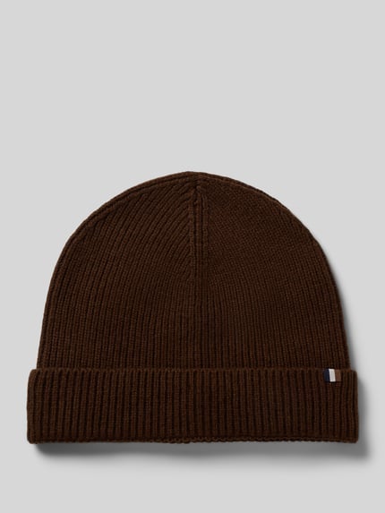 Produktfoto, czapka beanie z mieszanki materiałów z dodatkiem żywej wełny, Efekt prążkowania, wąski brzeg, Detal z motywem, Beanie mit Schurwoll-Anteil von bugatti