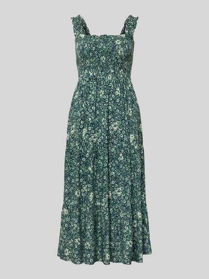 Produktfoto, Midikleid aus Viskose mit Karree-Ausschnitt von Apricot, florales Muster, Taillierter Schnitt, Rüschen, Breite Träger, Smok-Details, Volantsaum, Rückenlänge 102 cm, Brustweite 33 cm, Reine Viskose