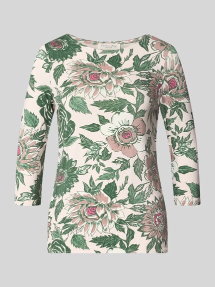 Produktfoto, T-Shirt im Allover-Look mit 3/4-Arm von Christian Berg Woman, mieszanka wiskozy i elastanu, krój slim fit, wzór na całej powierzchni, okrągły dekolt, rękaw o dł. 3/4, Długość tyłu w rozmiarze S: 55 cm, damski t-shirt w kolorach zielonym, różowym i beżowym, botaniczne motywy, gładka tekstura