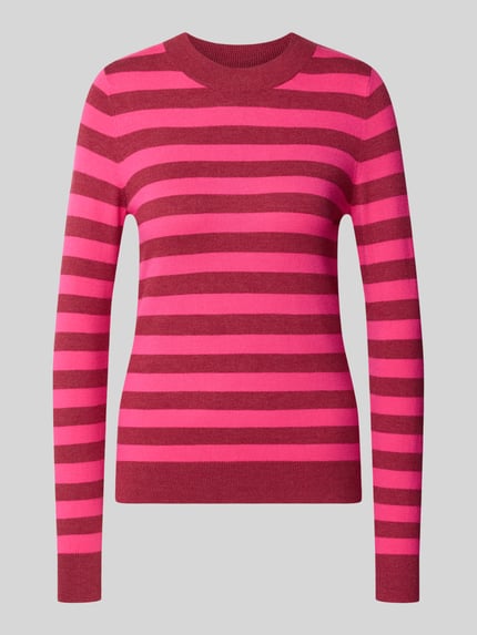 Produktfoto, Strickpullover mit Rundhalsausschnitt von Christian Berg Woman im Viskose-Mix mit roten und pinken Streifen, taillierter Schnitt, gerippte Abschlüsse.