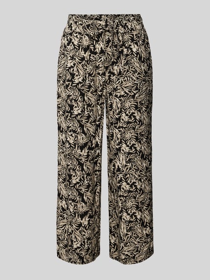 Produktfoto, Straight Fit Stoffhose aus reiner Viskose-Mix Modell 'Faye' von Soyaconcept mit floraler Allover-Print, elastischem Bund mit Tunnelzug, verkürzte Passform, schwarz-beige, Damen Stoffhose, Bundweite 37 cm, Innenbeinlänge 64 cm, weiche Textur
