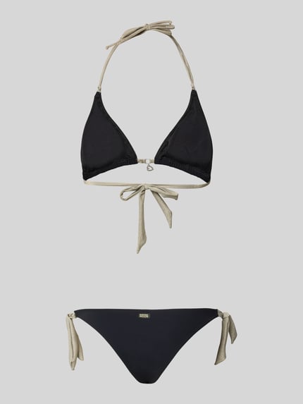 Produktfoto, Bikini mit Schnürung Modell 'YERODASIA KERANGA' von Banana Moon, Damen Bikini im Material-Mix mit Stretch-Anteil, Körpernahe Passform, Bikini-Oberteil mit Schnürung und Bikini-Hose mit Label-Detail und seitliche Schnürung, schlichte Farben, glatte Oberflächen.