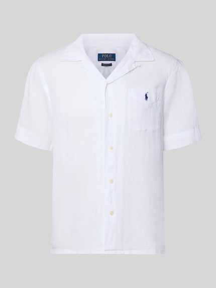 Productfoto, Regular Fit Freizeithemd aus reinem Leinen van Polo Ralph Lauren in effen wit met korte mouw, reverskraag en borstzak, flammengarentextuur, logo-stitching, materiaal puur linnen
