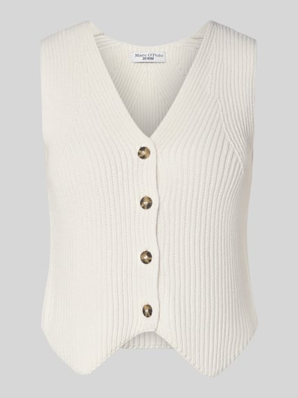 Productfoto, Shaped Fit Weste uit zuivere katoen van Marc O'Polo Denim, effen, gebreide look, zonder kraag, knoopsluiting, kabelpatroon, asymmetrische zoom, materiaal breiwerk.