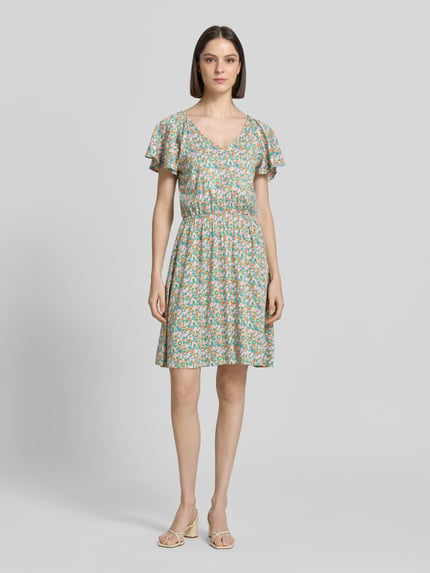 ICHI mini-jurk van viscosemix met florale all-over print model 'Aya' Lichtblauw - 1