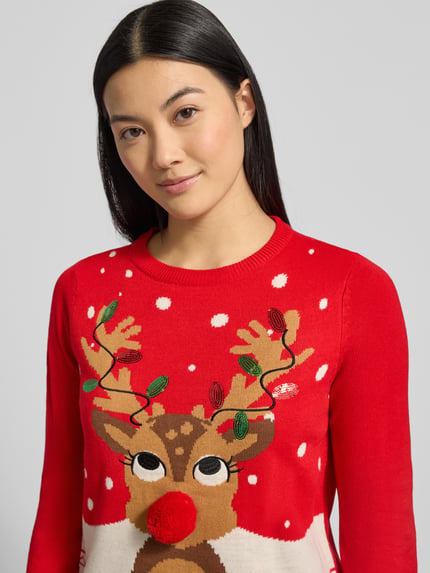 VERO MODA Sweter świąteczny o kroju regular fit z pomponem model ‘FROSTYDEER’ Czerwony 3