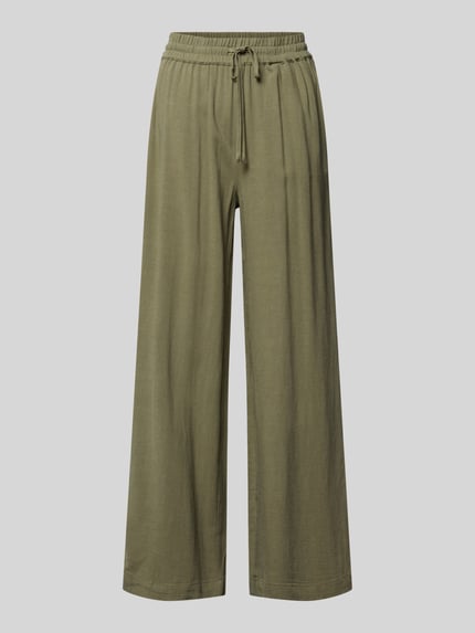 Produktfoto, Regular Fit Weite Hose aus Viskose-Leinen-Mix Modell 'VIVA-GULIA' von Selected Femme, Optik: Unifarben, elastischer Bundabschluss mit Tunnelzug, seitliche Eingrifftaschen, Flammgarn-Materialverarbeitung, grüne Farbgebung, fein strukturierte Oberfläche.