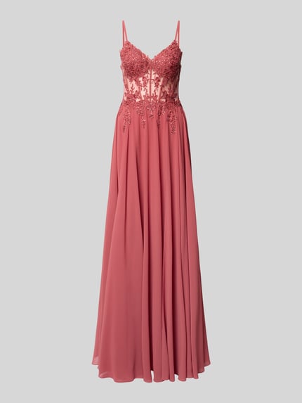 Produktfoto, Maxikleid mit Stitchings und Ziersteinbesatz van Luxuar, dames maxi-jurk van chiffon, getailleerd model, ruglengte maat 36: 126 cm, borstwijdte maat 36: 41 cm, roze tinten, transparante structuur, fijne siersteentjes en decoratieve stiksel