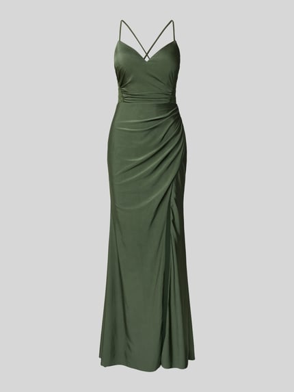 Produktfoto, Abendkleid in Maxilänge von Luxuar, satyna w zielonym odcieniu, taliowany krój, cienkie ramiączka, dekolt w kształcie serca, marszczenia, ozdobne obszycie kamieniami, półprzezroczyste elementy, gładka halka, długość tyłu w rozmiarze 36: 136 cm, szerokość w rozmiarze 36: 42 cm