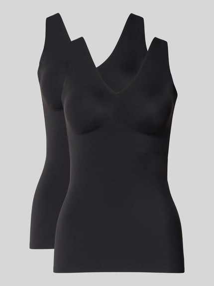Produktfoto, Slim Fit Top mit V-hals Model 'Invisible' van Schiesser, zwarte elastische materiaalmix, dames top, gladde textuur
