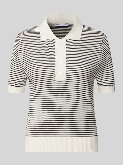 Produktfoto, Poloshirt mit gerippten Abschlüssen von MANGO, gerade Passform, schwarz-weiß gestreift, Struktur durch Rippen, kurzärmelig