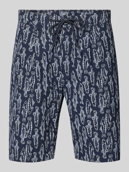 Produktfoto, Chino Shorts mit französischen Eingrifftaschen von Lerros, bawełniany miks z dodatkiem lnu, krój straight fit, elastyczny pas ze sznurkiem, wzór w ryby, kolor granatowy, Szerokość w rozmiarze 32: 42 cm, długość wewnętrzna nogawki w rozmiarze 32: 24 cm
