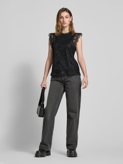PIECES Shaped Fit Blusentop mit Spitzenbesatz Modell 'OLLINE' Black 1