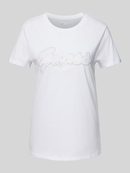 GUESS T-shirt z wiskozy z obszyciem kamieniami stras Biały 2