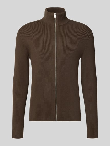 Produktfoto, Strickjacke mit Reißverschluss von Lindbergh aus Baumwoll-Mix in Braun, taillierte Passform, Stehkragen, feine Rippenstruktur.