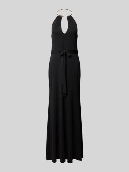 Productfoto, avondjurk met halter in ringlook van Rinascimento, materiaalmix met stretch, nauwsluitend model, maxi-jurk, V-hals, strikceintuur, ruglengte maat S 123 cm, borstwijdte maat S 35 cm