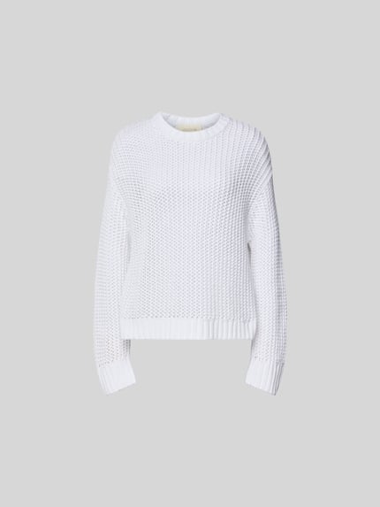Produktfoto, Sweatshirt in Loch-Strick-Optik von Juvia, biały, bawełniany, relaxed fit, półprzezroczysty, okrągły dekolt, długość tyłu 63 cm w rozmiarze S