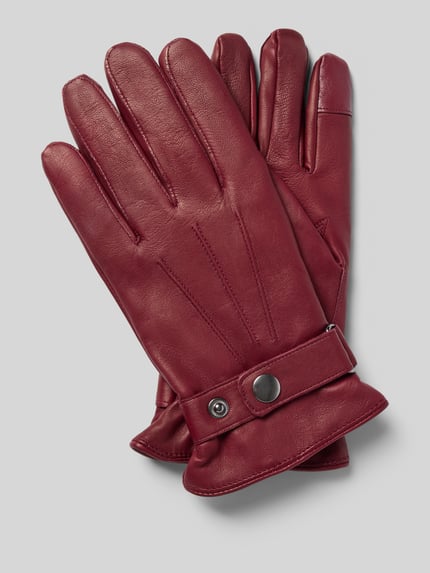 Productfoto, Handschuhe aus echtem Leder mit Touchscreenfunktion van Akaroa, heren handschoenen, model 'Cash', deelnaden, trensje met drukknoopsluiting, rood, glad leer, stevige textuur