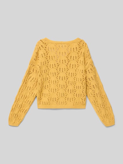Produktfoto, Regular Fit Cardigan mit Viskose-Anteil Modell 'Isla' von Mango in Gelb, V-Ausschnitt, Lochmuster, Langarm, strukturierte Textur
