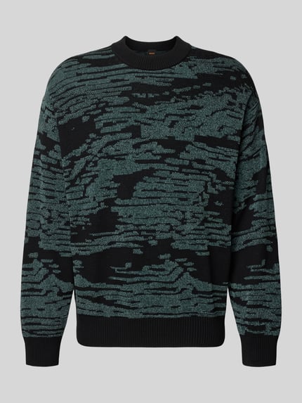 Produktfoto, Regular Fit Strickpullover mit grafischem Jacquard-Muster Modell 'Andscape' von BOSS Orange, efekt: wzór na całej powierzchni, krój regular fit, żakardowy wzór, kształt kołnierza: dekolt okrągły, rękawy: długi rękaw, zakończenie rękawów: prążkowane, wykończenie: prążkowane, wykończenie materiału: dzianina, materiał: mieszanka bawełny
