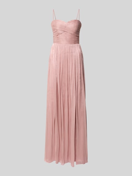 Produktfoto, Abendkleid mit Seitenschlitz und Spaghettiträgern von Luxuar in schimmerndem Rosé, A-Linie, Maxikleid, strukturierter Stoff