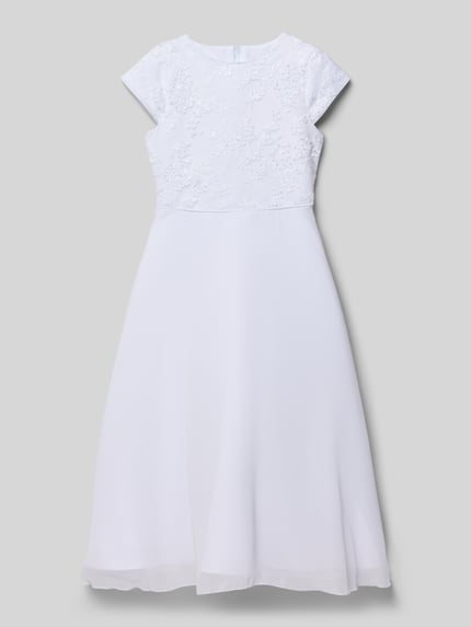 Produktfoto, Maxikleid mit Rundhalsausschnitt von DANAMADE, weiß, tailliert, Schleife, Nahtreißverschluss, Unterkleid, kindermaten.