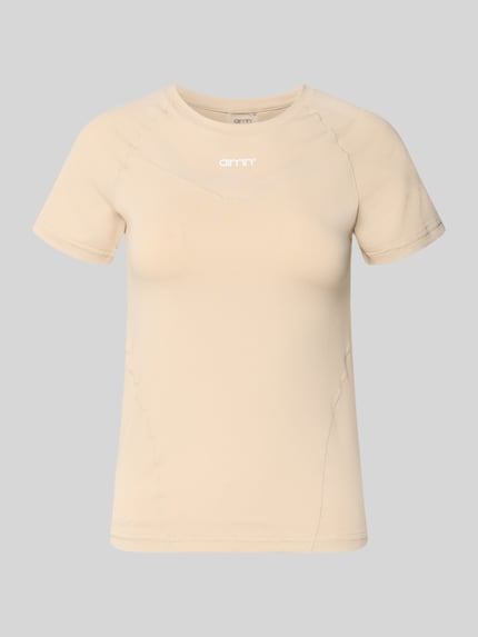 Produktfoto, T-Shirt mit Rundhalsausschnitt und Logo von aim'n, Damen T-Shirt aus Material-Mix mit Stretch-Anteil, Slim Fit, beige, Logo, Rückenlänge 54 cm bei Größe S.