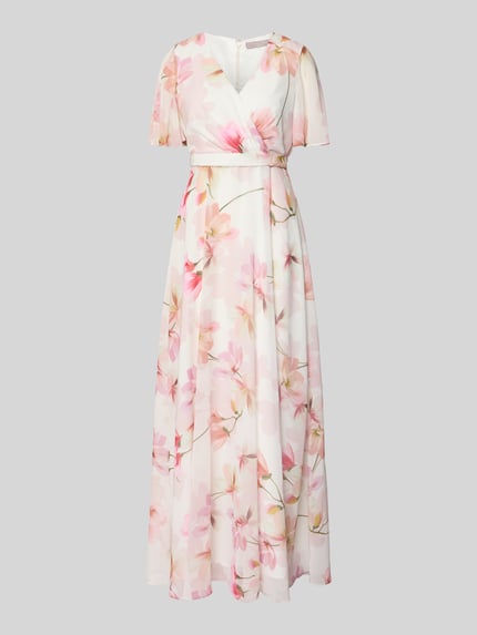 Produktfoto, Maxikleid im Allover-Look mit Taillenband von Christian Berg Cocktail, Chiffon in Weiß mit rosa Blumenmuster, taillierter Schnitt