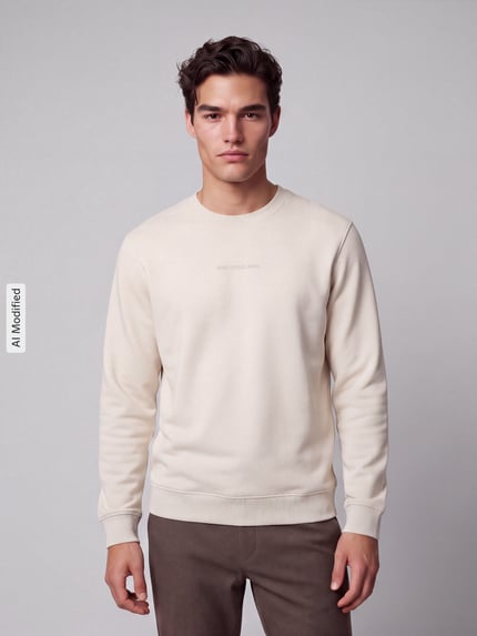 Männermodel trägt Regular Fit Sweatshirt aus reiner Baumwolle von Marc O'Polo DENIM in Creme, glatte Textur, Ganzkörperansicht von vorne, KI-modifiziertes Bild.
