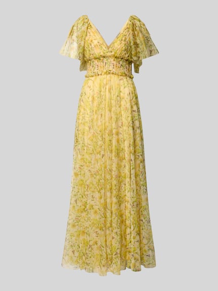 Produktfoto, Abendkleid aus Tüll mit V-Ausschnitt von Lace & Beads, gelb mit floralem Muster, taillierter Schnitt, Maxikleid, Taillenband