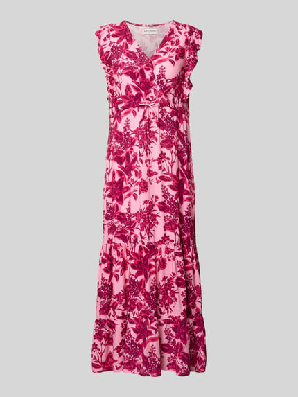 Produktfoto, rosa-pinkes Midikleid aus Reine Viskose mit Allover-Look, Rüschen, Schnürung, Modell 'Samo' von LOLLYS LAUNDRY