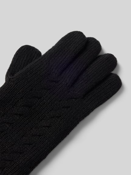 Produktfoto, Handschuhe aus reiner Wolle mit Label-Detail von EEM, Damen Handschuhe, gerippter Abschluss, Zopfmuster, schwarze Farbe