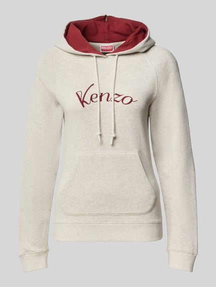 Produktfoto, Hoodie aus reiner Baumwolle von KENZO, taliowany krój, nadruk z logo, kaptur w kontrastowym kolorze, kieszeń kangurka, długość tyłu w rozmiarze S: 60 cm, jasny beż z bordowymi akcentami, gładka faktura
