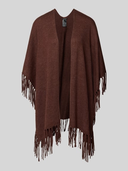 Produktfoto, Poncho mit Lyocell-Anteil von Luisa Cerano in Braun, lockere Passform, offene Front, Fransen, Material-Mix, neutrale Textur