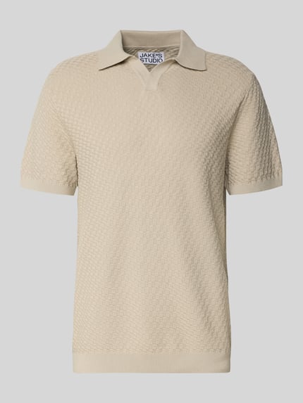 Produktfoto, Poloshirt mit Polokragen und V-Ausschnitt von JAKE*S STUDIO MEN, bawełna, krój body fit, beż, faktura dzianiny
