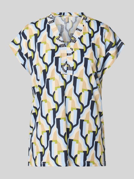 Productfoto, Blusenshirt uit katoen-viscosemix model 'FELICITY' van Soyaconcept, rechte fit, V-hals, geometrisch patroon in geel, blauw, wit