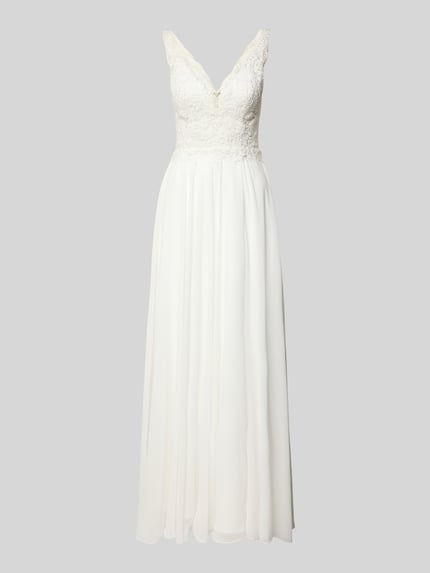 Produktfoto, Brautkleid mit floralem Stitching von Mascara in Weiß, ärmellos, V-Ausschnitt, taillierte Passform, blickdichter Unterrock