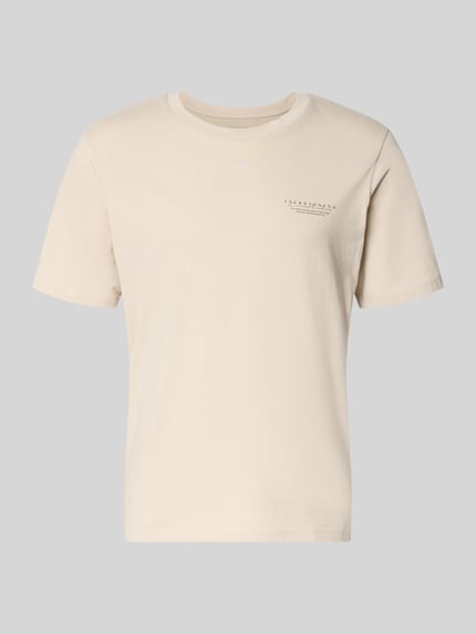 Productfoto, T-Shirt met Label-Print en ronde hals van Jack & Jones, zuiver katoen, regular fit, labelprint, ruglengte maat M 70 cm, beige kleur