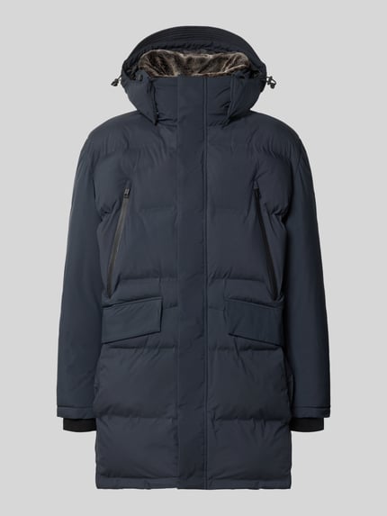 Produktfoto, dunkelblauer Regular Fit Steppmantel mit abnehmbarer Kapuze Modell 'Ambience' von Strellson, Herren Steppmantel, glatte Textur